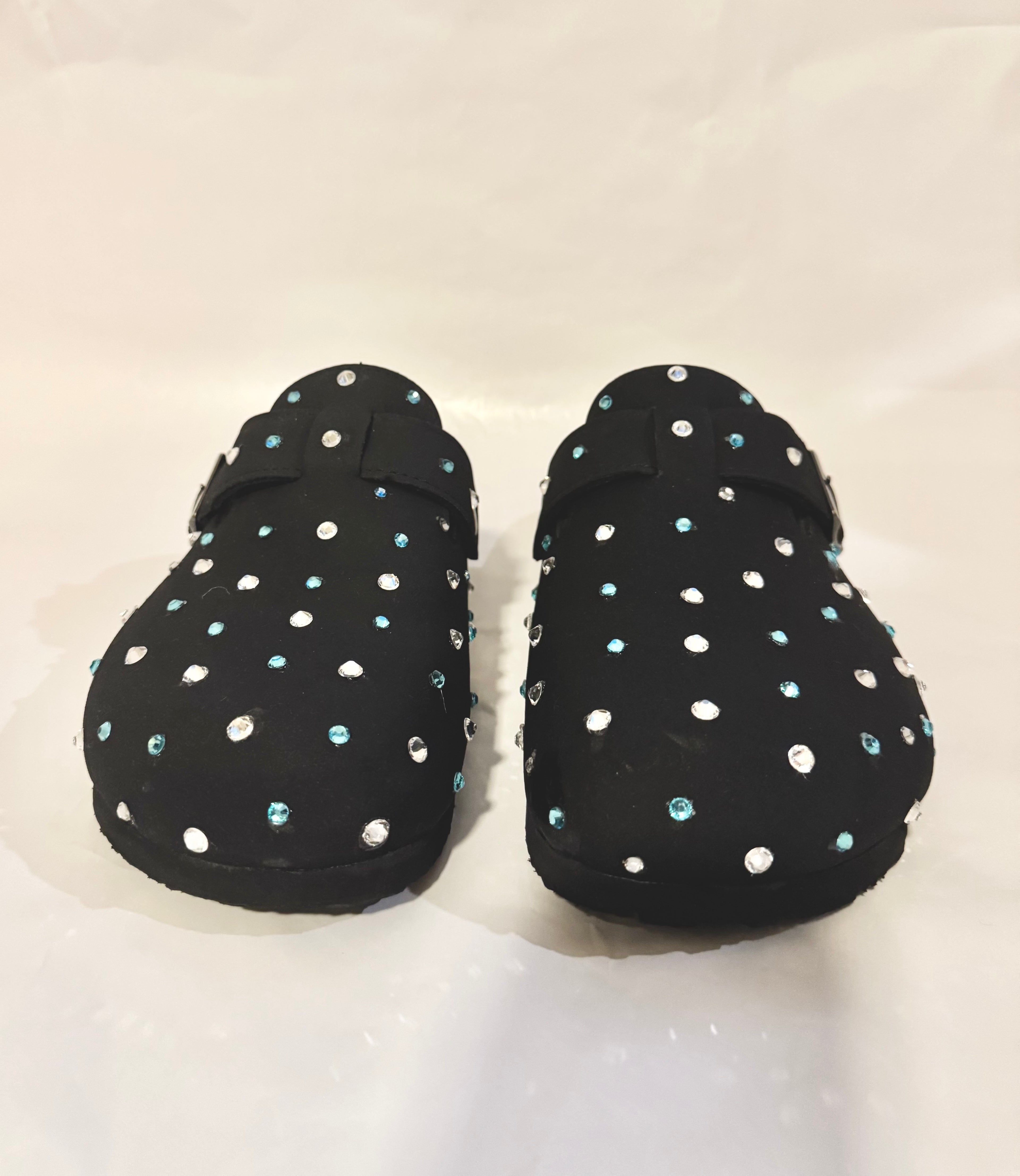 Custom Rhinestone Black Suede Clogs – CK29 Edition