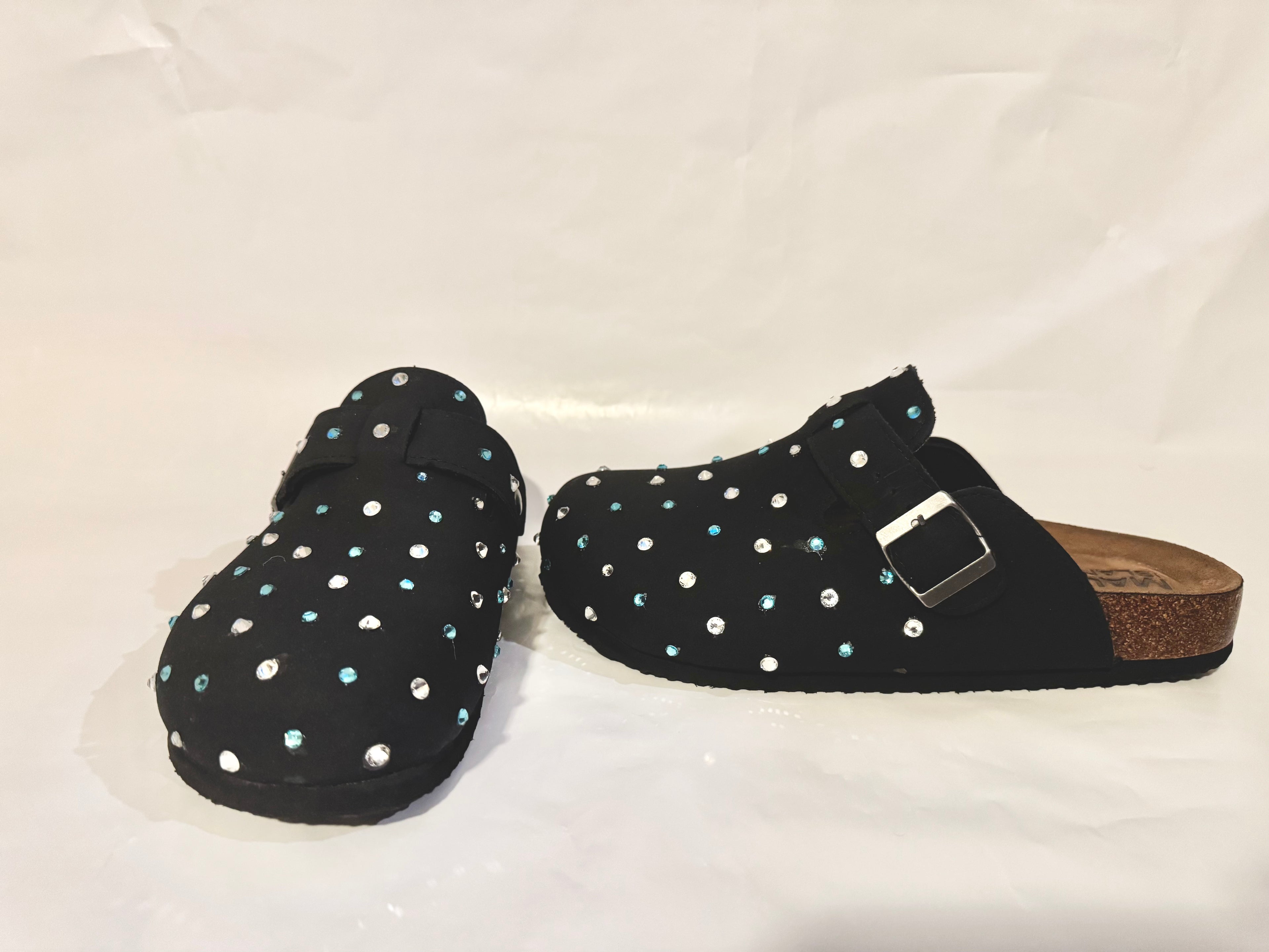 Custom Rhinestone Black Suede Clogs – CK29 Edition