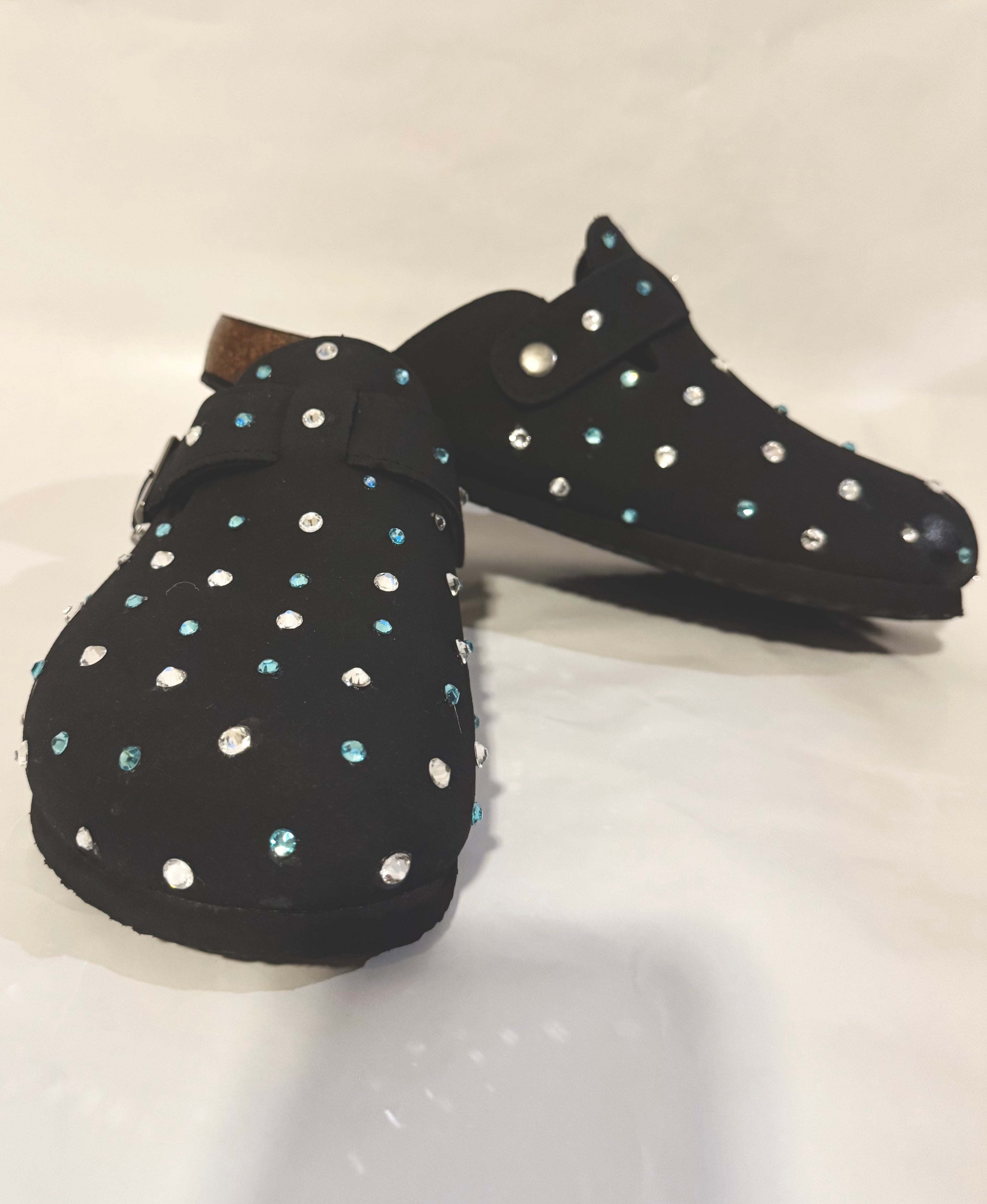 Custom Rhinestone Black Suede Clogs – CK29 Edition